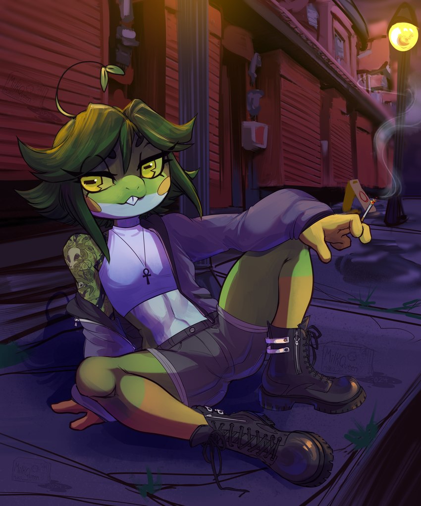 ambiguous_gender ankh ankh_necklace boots bottomwear cigarette clothing crop_top footwear green_body green_eyes green_skin holding_cigarette holding_object jacket jewelry necklace pupils shirt shoes shorts slit_pupils solo tattoo topwear milkqueen amphibian frog 5:6 absurd_res hi_res