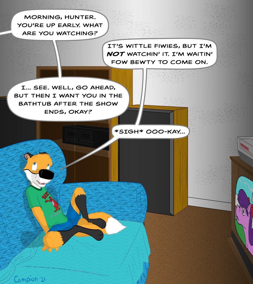 anthro apartment clothed clothing dialogue electronics furniture inside living_room male sofa solo speech_bubble spread_legs spreading stereo television text young young_anthro campionl forest_hill hasbro my_little_pony nintendo nintendo_entertainment_system hunter_locket canid canine fox mammal english_text hi_res