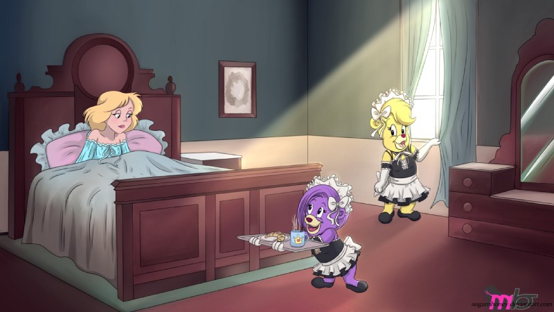 anthro bed clothed clothing female fur furniture group inside maid_uniform mirror purple_body purple_fur uniform sugarnhoney disney gummi_bears fan_character princess_calla sunni_gummi bear human mammal 16:9 digital_media_(artwork) widescreen