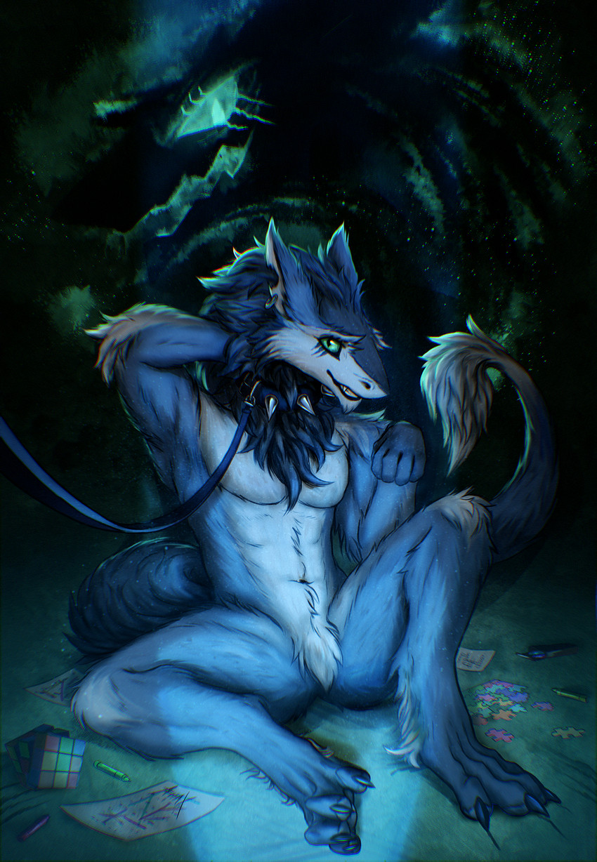 blue_body blue_fur collar fur leash male menacing_aura menacing_shadow pleading_eyes sitting sitting_on_ground solo spiked_collar spikes submissive toy white_body white_fur azhax sergal absurd_res hi_res