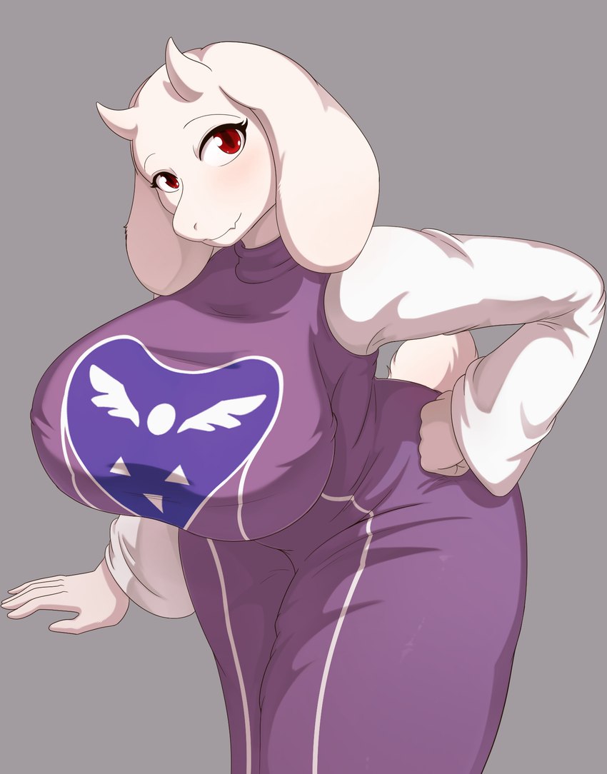 anthro big_breasts biped breasts clothed clothing eyelashes female fur grey_background huge_breasts looking_at_viewer mature_female pupils purple_clothing red_eyes simple_background solo white_body son2j undertale_(series) toriel boss_monster_(undertale) 2024 digital_media_(artwork) hi_res