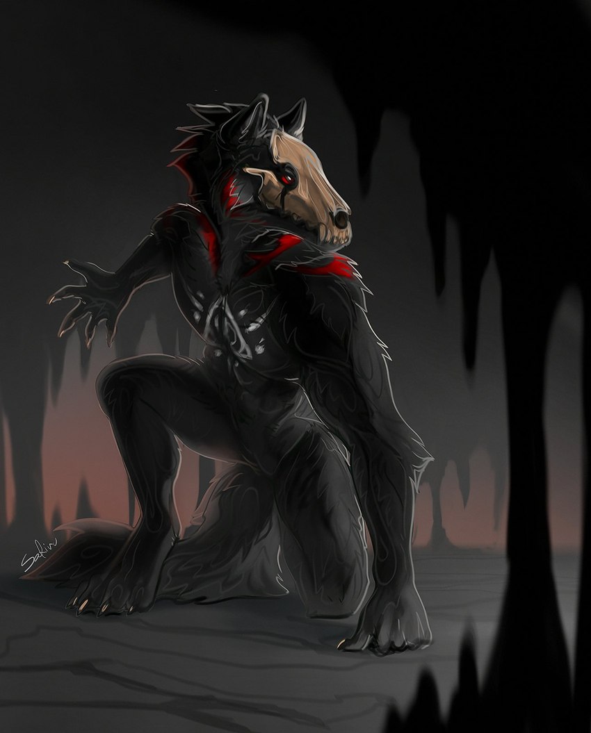 4_toes 5_fingers anthro black_body black_fur black_hair digitigrade featureless_crotch feet fingers fur hair male solo toes safiru canid canine hybrid mammal 2022 digital_media_(artwork) hi_res