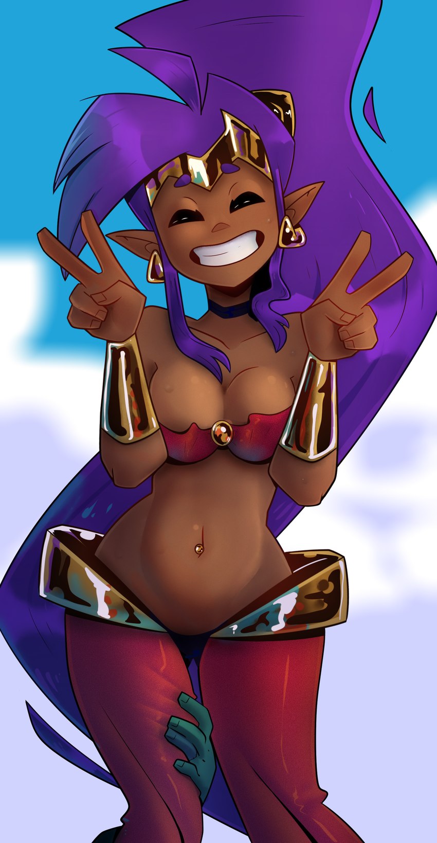 5_fingers breasts brown_body brown_skin cleavage clothed clothing cloud day double_v_sign duo ear_piercing ear_ring eyes_closed female fingers gesture green_body green_skin hair hand_gesture humanoid_pointy_ears long_hair navel not_furry piercing pointy_ears ponytail purple_hair ring_piercing simple_background smile solo_focus v_sign majayrick shantae_(series) wayforward rottytops shantae genie humanoid absurd_res hi_res