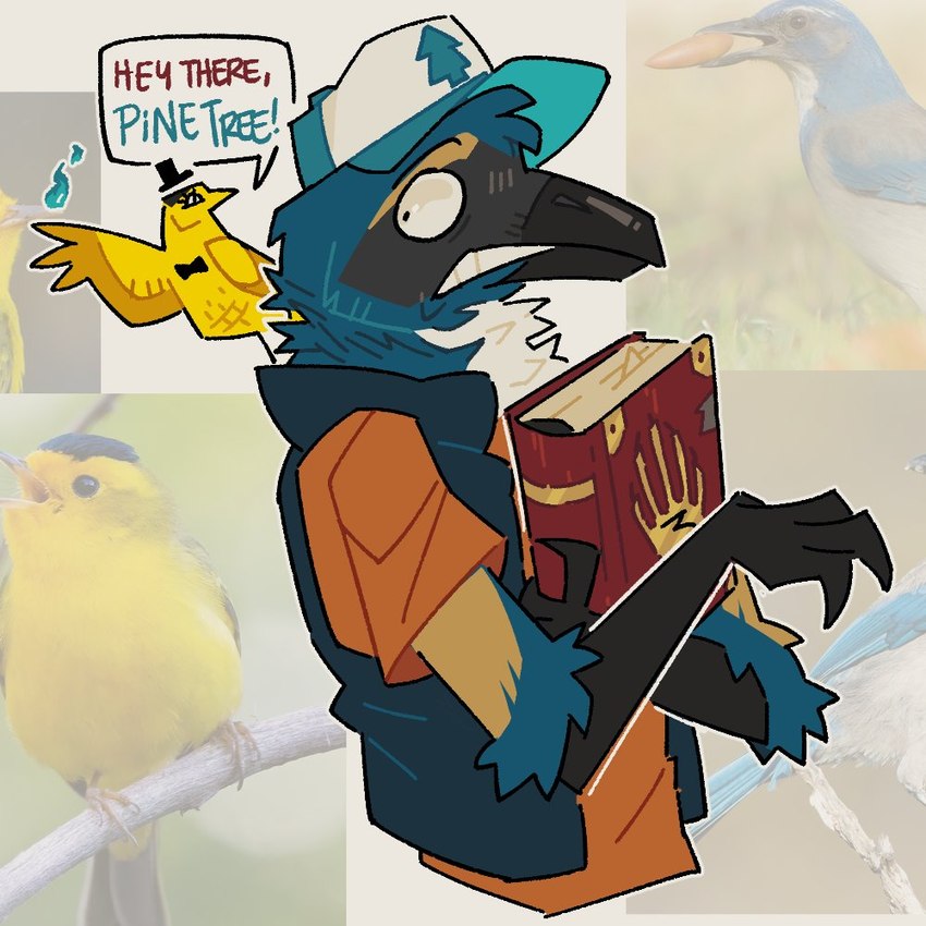 alternate_species anthro beak biped black_beak black_body black_feathers black_hands blue_body blue_clothing blue_feathers blue_topwear blue_vest book clothing dialogue duo feathers feral furrification hat headgear headwear holding_book holding_object journal journal_3 male multicolored_body multicolored_feathers orange_clothing orange_shirt orange_topwear scared shirt size_difference speech_bubble surprise talking_to_another talon_hands tan_body tan_feathers teeth topwear vest wide_eyed yellow_body yellow_feathers howlhawk disney gravity_falls bill_cipher dipper_pines avian bird california_scrub_jay corvid jay_(bird) new_world_jay oscine passerine scrub_jay wilson's_warbler 1:1 2024 colored digital_drawing_(artwork) digital_media_(artwork) english_description