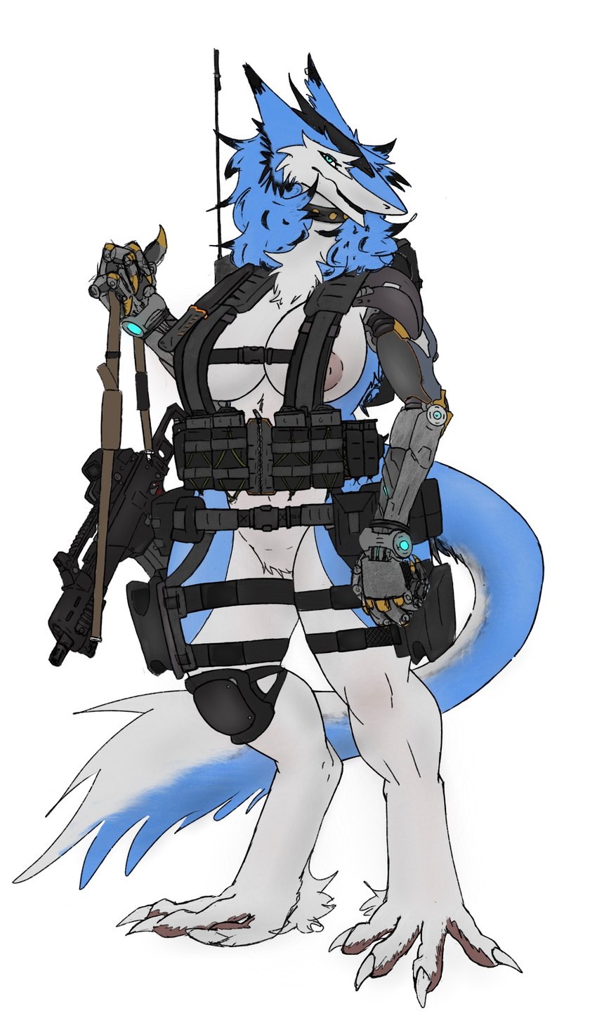 anthro belt big_breasts blue_body blue_fur breasts claws collar cybernetic_arm cybernetic_limb featureless_crotch female fur gun hair holster knee_pads looking_at_viewer ranged_weapon rifle solo standing tactical_gear tail weapon white_body white_fur derpwolfy18971 sergal hi_res