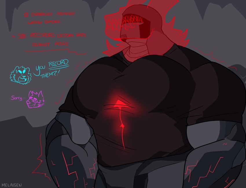 analyzing anthro barazoku black_clothing black_shirt black_t-shirt black_topwear blue_text cave clothing detailed_background dialogue inside machine male muscular muscular_anthro muscular_male pecs red_glow red_text shirt solo t-shirt talking_to_another text text_on_face topwear melaisen mythology dragon mythological_creature mythological_scalie robot scalie 2022 absurd_res artist_name cel_shading comic digital_drawing_(artwork) digital_media_(artwork) english_text hi_res one_panel_comic shaded