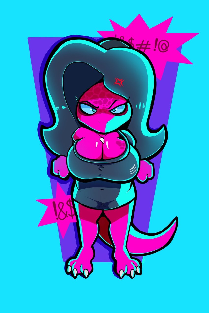 angry anthro big_breasts black_hair breasts censored_speech cleavage clothed clothing cross-popping_vein female hair pink_body profanity solo tail text lazygartuz damaris_(lazygartuz) scalie unknown_species 2:3 hi_res