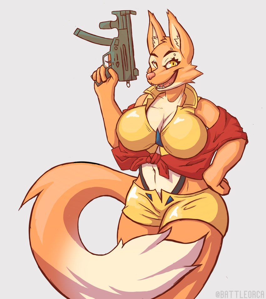 5_fingers anthro big_breasts bottomwear breasts cleavage clothed clothing cosplay costume crop_top eyebrow_piercing facial_piercing female fingers fluffy fluffy_tail front_view fur grey_background gun hair hotpants looking_at_viewer midriff mp5 mp5k navel open_mouth orange_body orange_fur orange_tail piercing pink_nose ranged_weapon red_clothing red_shirt red_topwear shirt shorts simple_background skimpy smile snout solo standing suspenders sweater tail teeth topwear trigger_discipline two_tone_tail vest weapon white_tail yellow_bottomwear yellow_clothing yellow_eyes yellow_shorts yellow_topwear yellow_vest battleorca cowboy_bebop dreamworks heckler_and_koch the_bad_guys diane_foxington faye_valentine canid canine fox mammal 2022 digital_media_(artwork) hi_res