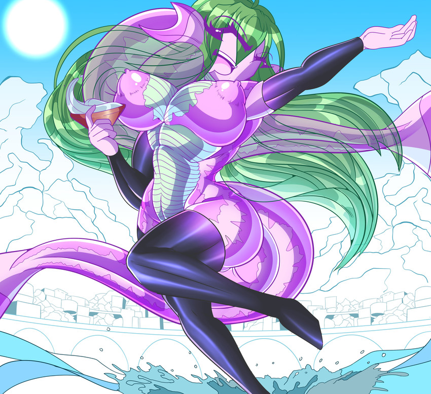 breasts clothing female green_hair hair legwear mostly_nude nipples non-mammal_breasts purple_body solo thigh_highs water bartending_crow laa humanoid marine absurd_res hi_res