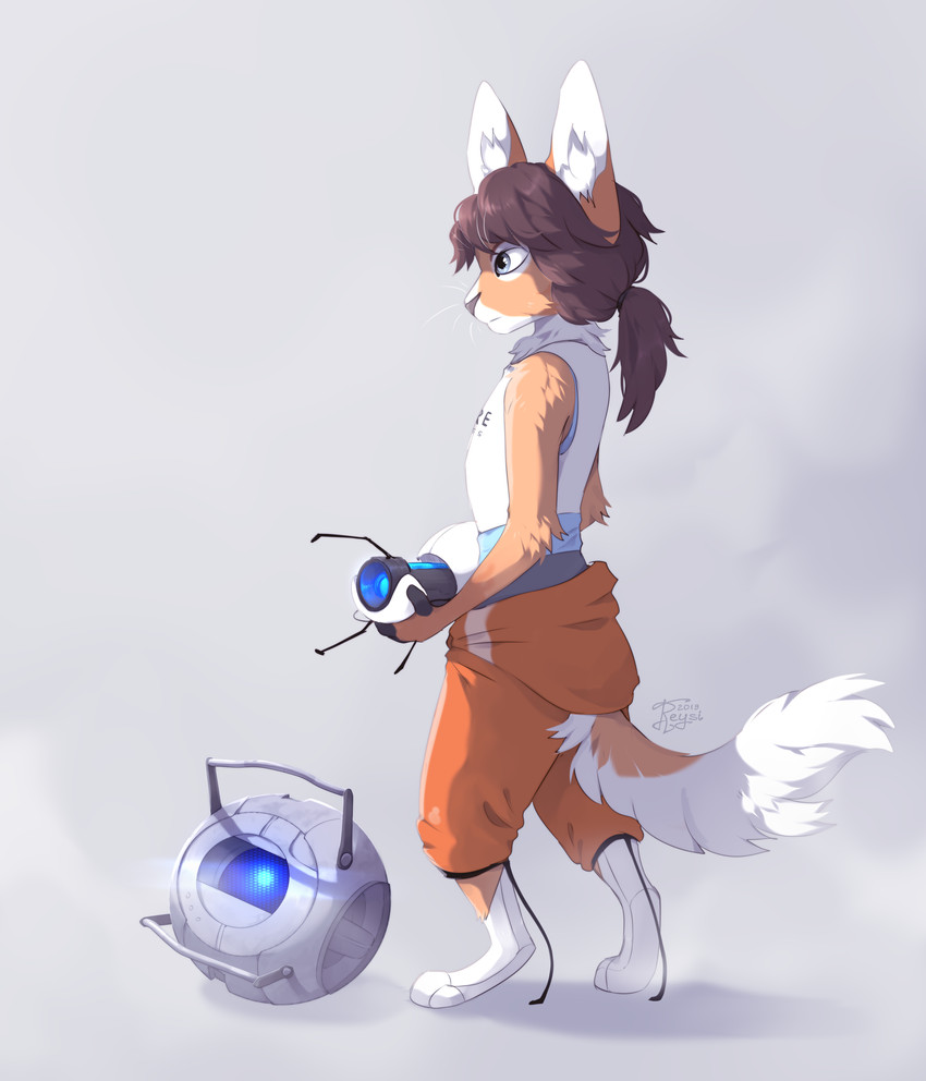 1_eye anthro arm_tuft artificial_intelligence barefoot big_eyes black_sclera blue_eyes blue_light brown_hair duo elbow_tuft feet female female_anthro fully_clothed_anthro fully_clothed_female fur grey_background grey_body grey_eyes grey_face hair inner_ear_fluff larger_anthro larger_female looking_forward looking_up_at_partner machine male male_non-humanoid_machine multicolored_body non-humanoid_machine pink_tongue portal portal_gun shadow side_view simple_background size_difference smaller_male smaller_non-humanoid_machine solo standing tan_body tan_fur tongue tuft two_tone_body white_body white_face white_inner_ear reysi portal_(series) valve chell wheatley domestic_cat felid feline felis mammal orb_robot personality_core_(portal) robot 2019 absurd_res colored digital_media_(artwork) full-length_portrait hi_res portrait shaded