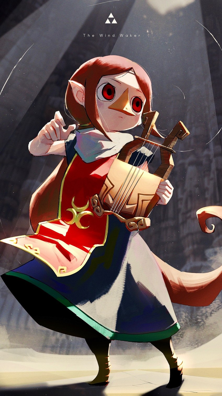 5_fingers beak clothing female fingers hair holding_object humanoid_pointy_ears long_hair musical_instrument pointy_ears red_eyes solo text triforce hizake nintendo the_legend_of_zelda wind_waker medli animal_humanoid avian avian_humanoid humanoid rito rito_humanoid 2020 english_text hi_res