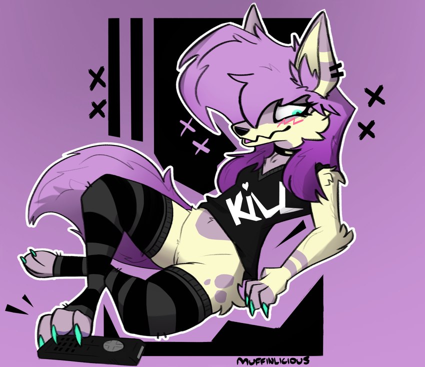 alternative_fashion anthro belly blush bottomless clothed clothing colored_nails emo female genitals goth hair nails partially_clothed purple_hair pussy solo sparklefur muffinlicious friz canid canine mammal absurd_res hi_res