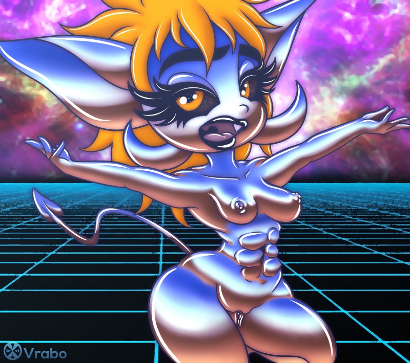 abs amber_eyes breasts chrome fangs female grid muscular muscular_female muscular_humanoid nipples not_furry short_stack solo standing synthwave teeth vrabo iqua_kicks humanoid imp 2018 hi_res