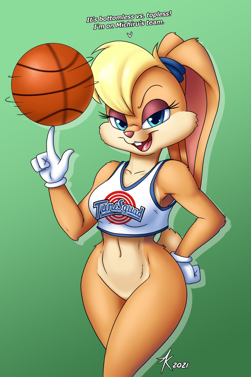 anthro ball basketball basketball_(ball) basketball_uniform blonde_hair blue_eyes bottomless buckteeth clothed clothing dialogue featureless_crotch female fur hair looking_at_viewer scut_tail shirt short_tail simple_background solo sportswear tail tan_body tan_fur tank_top teeth text text_on_clothing text_on_shirt text_on_tank_top text_on_topwear topwear tune_squad_outfit tune_squad_outfit_(1996) uniform atticuskotch looney_tunes space_jam warner_brothers lola_bunny lagomorph leporid mammal rabbit 2021 2:3 english_text hi_res