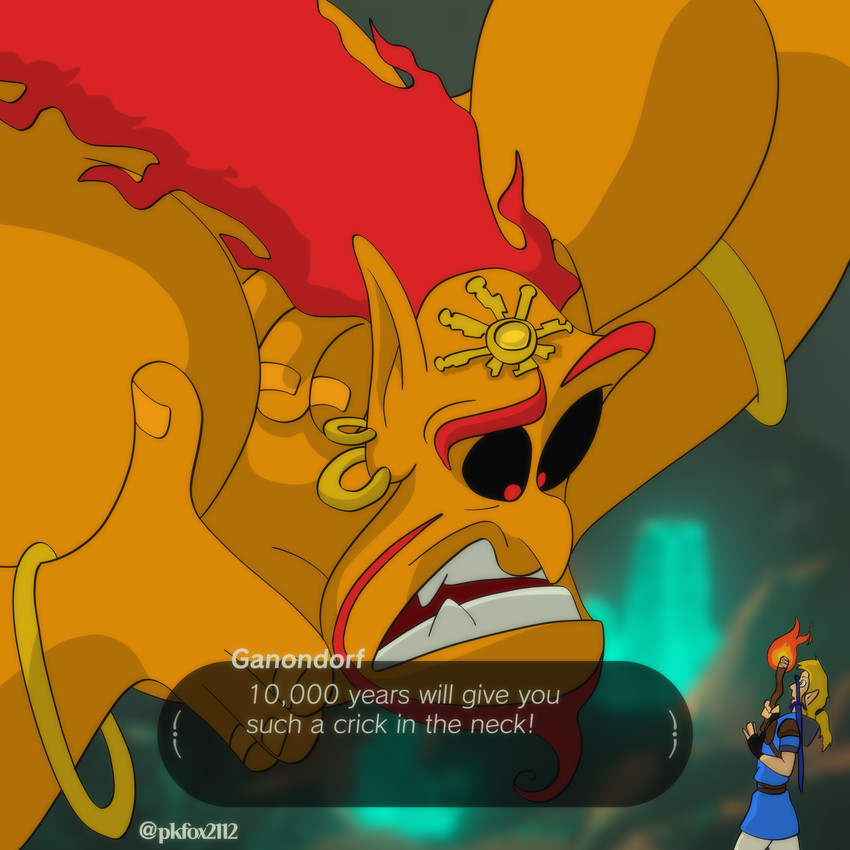 beard blonde_hair blurred_background clothing dialogue duo ear_piercing facial_hair fingerless_gloves fire gloves hair handwear holding_object male not_furry piercing red_hair shirt text topwear torch tunic pointkillfox breath_of_the_wild disney disney's_aladdin nintendo tears_of_the_kingdom the_legend_of_zelda ganondorf genie_(disney) link genie human humanoid mammal 1:1 absurd_res crossover english_text hi_res