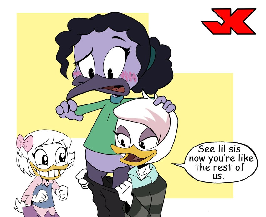 anthro beak bottomless bottomless_female clothed clothing female female/female freckles grin group intersex smile trio undressing undressing_another young young_anthro jk disney ducktales ducktales_(2017) lena_(ducktales) violet_sabrewing webby_vanderquack anatid anseriform apodiform avian bird duck hummingbird 2022