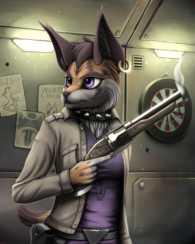 5_fingers angry anthro breasts choker claws clothed clothing cute_fangs dart detailed_background ear_piercing fangs female finger_claws fingers gun handgun jewelry looking_at_another necklace piercing purple_eyes ranged_weapon sawed-off_shotgun shotgun smoke solo teeth weapon mdigamma1 nintendo star_fox miyu_(star_fox) felid mammal 2018 4:5 absurd_res digital_media_(artwork) hi_res signature