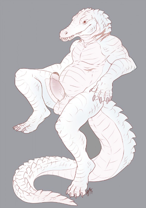 albino anthro balls claws erection fangs foreskin genitals humanoid_genitalia humanoid_penis male nude partially_retracted_foreskin penis pink_eyes reclining scales scar sharp_teeth slightly_chubby solo tail teeth white_body white_scales hornedfreak thaine winston_vega alligator alligatorid crocodilian reptile scalie digital_media_(artwork) hi_res monochrome signature