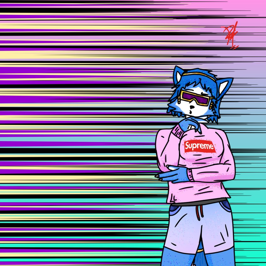 anthro blue_body blue_hair clothed clothing eyewear female glasses gold_(metal) hair humor pink_clothing short_hair simple_background solo sunglasses zak898 nintendo star_fox supreme krystal_(star_fox) canid canine fox mammal 1:1 hi_res meme