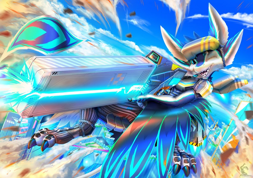 3_toes 4_ears aiming anthro armor blue_body blue_eyes blue_feathers blue_sky building city claws cloud debris dust dust_cloud explosion feathers feet flying_debris holding_object holding_weapon jet_pack male midair multi_ear one_eye_closed open_mouth open_smile plate pseudo_hair railgun ranged_weapon science_fiction scope sea shooting sky smile solar_panel solo tail teeth toes water weapon white_body white_feathers wings wink corbin_(roscy) ray_(corbin_roscy) avali hi_res