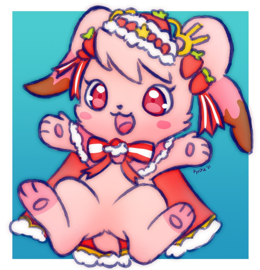 accessory anthro blush cape chibi clothing crown cupcake female food fruit head_tuft headgear open_mouth open_smile pawpads pink_body plant red_eyes ribbons simple_background smile solo strawberry tiara tuft pyritie puyo_puyo puyo_puyo_quest sega lagomorph leporid mammal rabbit 2021 digital_media_(artwork) hi_res