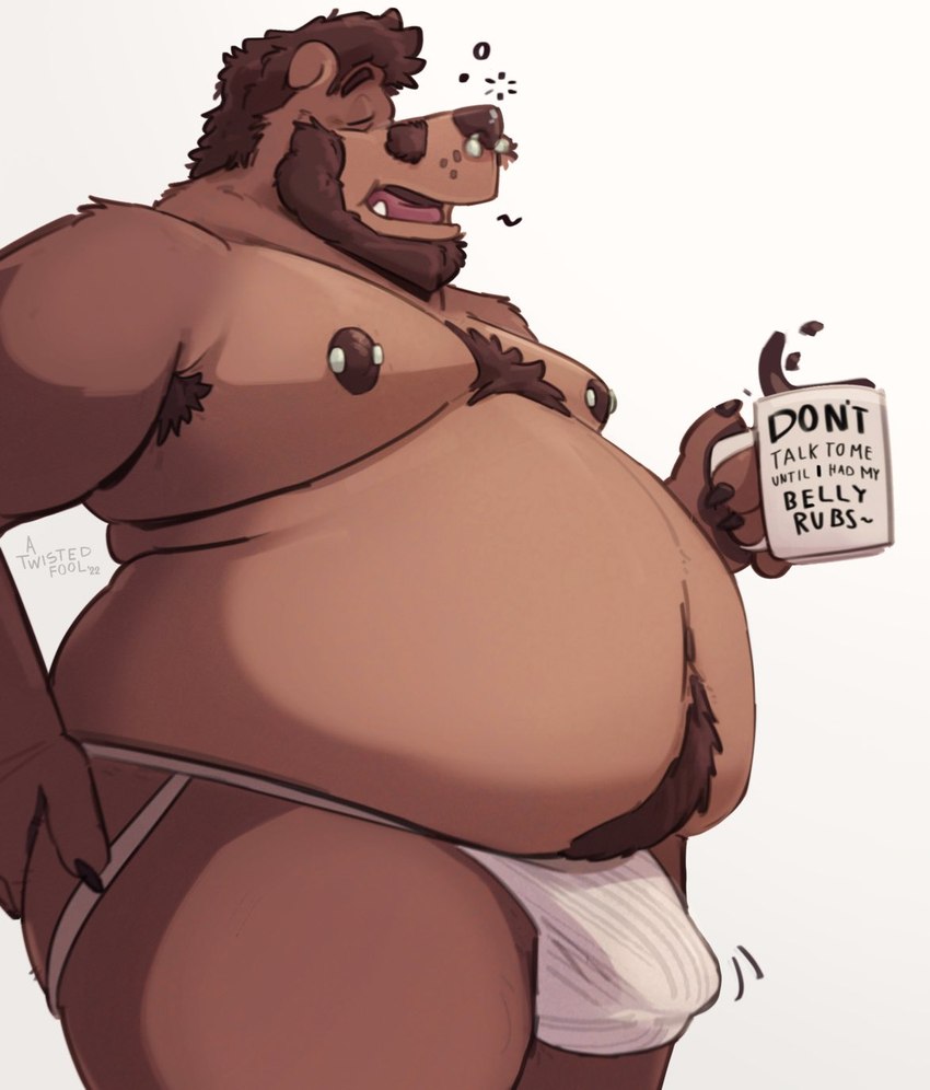 anthro armpit_hair barbell_piercing beard belly big_belly body_hair brown_body brown_fur brown_hair bulge clothed clothing coffee_mug container cup facial_hair facial_piercing fur hair happy_trail jockstrap male moobs mostly_nude mug nipple_barbell nipple_piercing nipples nose_piercing obese overweight overweight_anthro overweight_male piercing scratching_butt septum_piercing side_view simple_background solo text text_on_mug tired topless underwear waking_up white_background bearafterall hugo_(bearafterall) bear mammal english_text hi_res portrait three-quarter_portrait