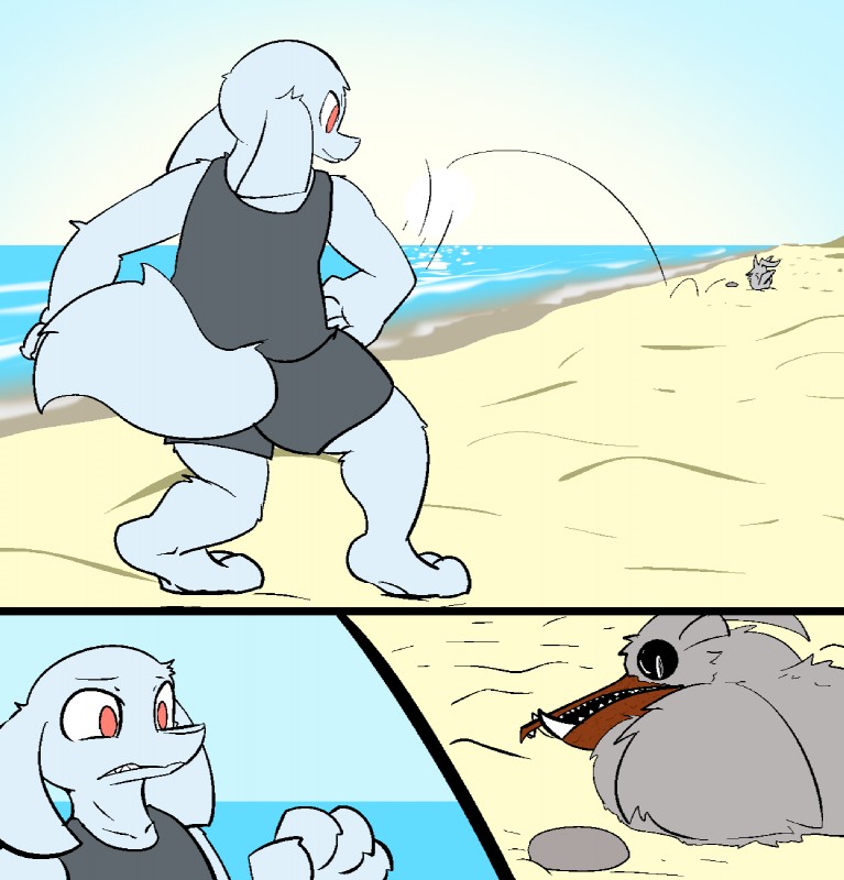 anthro beach clothed clothing duo female feral floppy_ears fluffy fluffy_tail fully_clothed outside rock sand scared sea seaside sharp_teeth sky stone_skipping tail teeth throwing throwing_at_another throwing_object throwing_rock water lagotrope polo alien avian bird canid canine mammal neumono 2015 comic digital_media_(artwork) hi_res