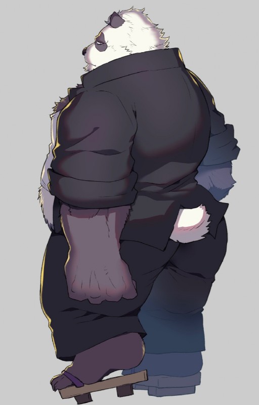 anthro belly black_body black_fur bottomwear butt clothing fur humanoid_hands male overweight overweight_anthro overweight_male pants shirt simple_background solo topwear white_body white_fur star_parlor bear giant_panda mammal 2019 hi_res