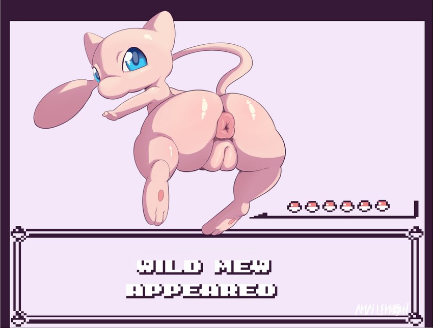 anus ass_up battle big_anus big_butt blue_eyes butt butt_focus female fur genitals huge_butt looking_at_viewer looking_back monotone_anus monotone_genitals pink_anus pink_body pink_fur pink_pussy pokemon_battle pussy rear_view simple_background solo tail text thick_thighs amailemon nintendo pokemon generation_1_pokemon legendary_pokemon mew_(pokemon) pokemon_(species)