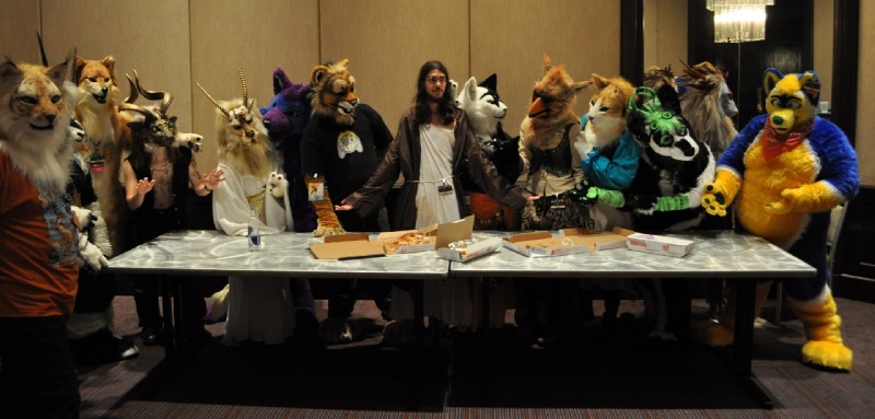 anthro clothing costume eyewear female food fursuit goggles group horn kerchief male overweight pizza real religion robe slightly_chubby tableau topwear vest unknown_artist domino's_pizza the_last_supper dax_(dax) jesus_christ canid canine canis domestic_cat domestic_dog felid feline felis human mammal wolf grandfathered_content inspired_by_formal_art