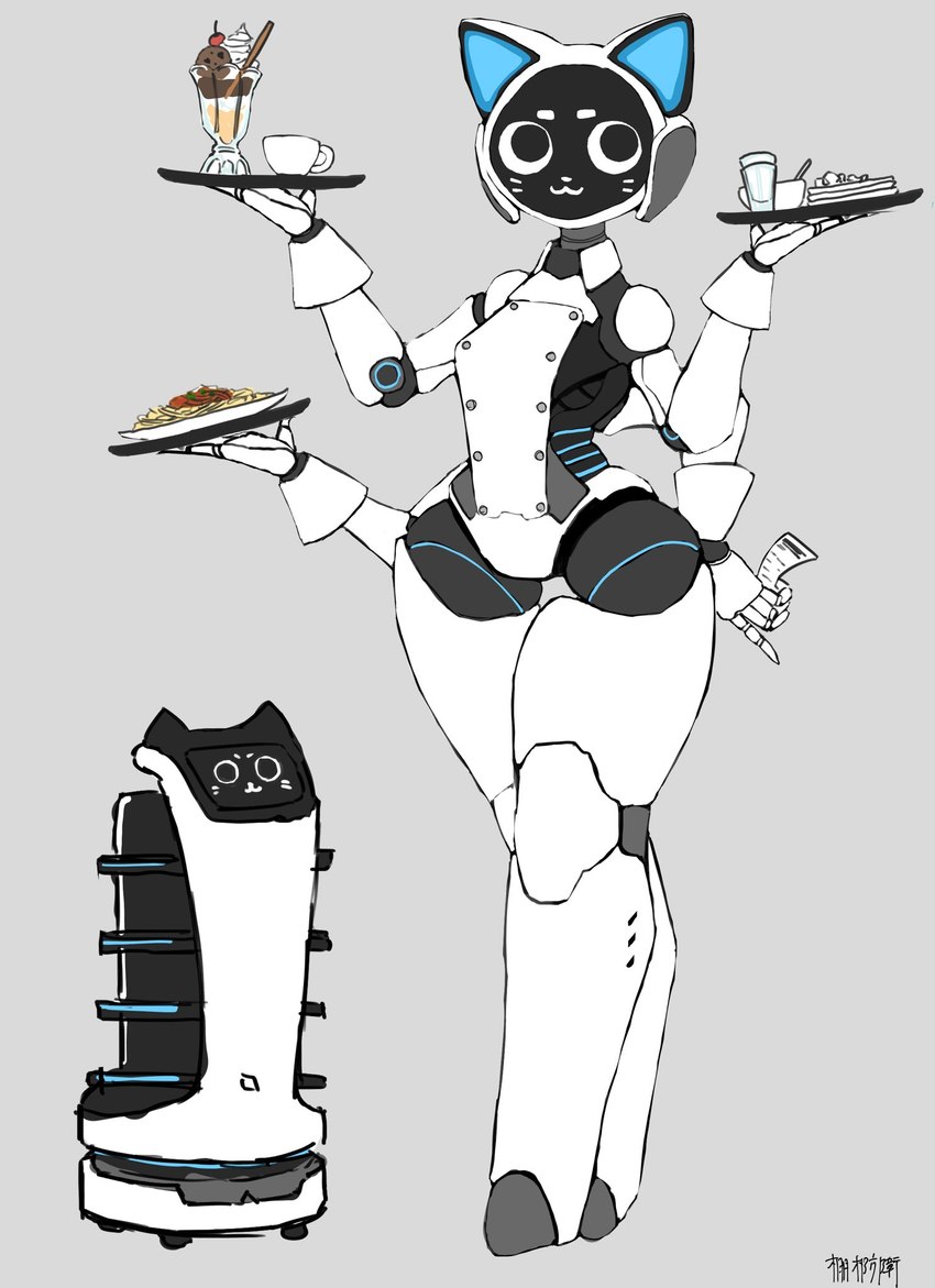 4_arms :3 anthro anthrofied ball_joints breasts dessert duo female food grey_background holding_object ice_cream machine multi_arm multi_limb pasta receipt screen screen_face serving_tray simple_background spaghetti stubby_legs tailless text thick_thighs waiter white_body wide_hips tanagi_boboboei pudu_robotics bellabot domestic_cat felid feline felis mammal robot robot_anthro 2023 flat_colors full-length_portrait hi_res japanese_description japanese_text multiple_images portrait