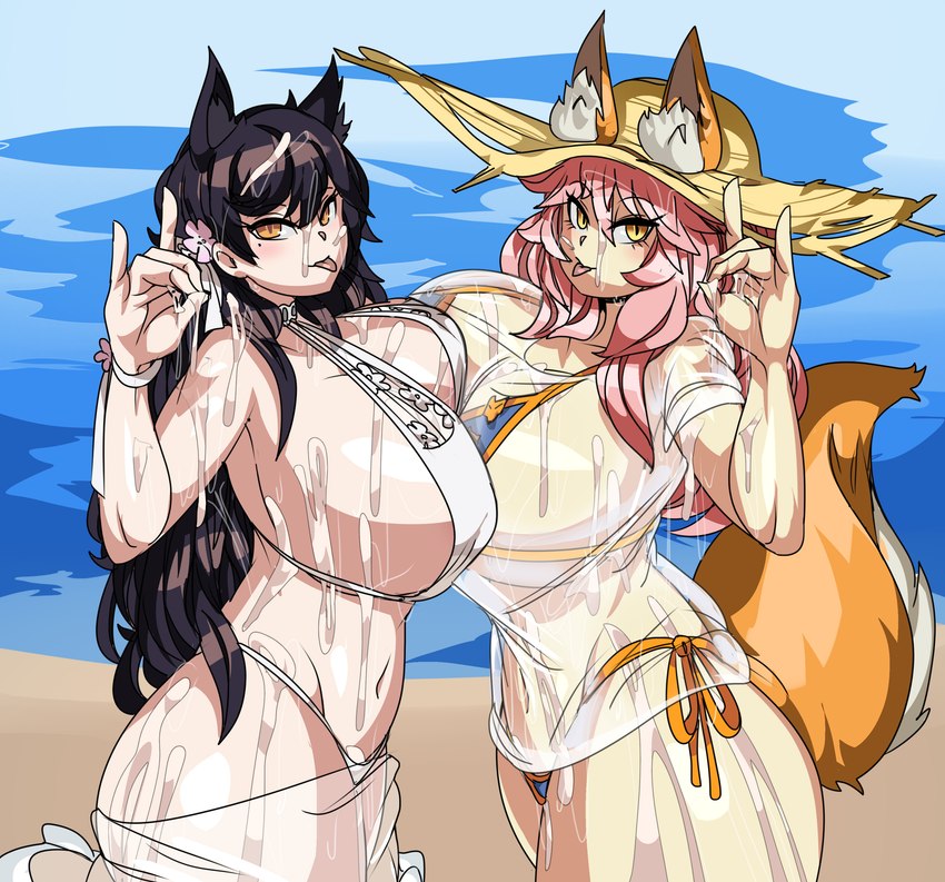 beach big_breasts bikini black_hair bodily_fluids breast_to_breast breasts butt clothed clothing cum cum_covered cum_everywhere cum_on_body cum_on_butt cum_on_face cum_on_leg duo female female/female fox_shadow_puppet fur genital_fluids gesture hair huge_breasts inner_ear_fluff messy navel orange_body orange_fur orange_tail outside pink_hair sand seaside swimwear tail tuft two-piece_swimsuit yellow_eyes captainkirb azur_lane fate_(series) type-moon atago_(azur_lane) caster_tamamo-no-mae lancer_tamamo-no-mae animal_humanoid canid canid_humanoid canine canine_humanoid dog_humanoid fox fox_humanoid humanoid mammal mammal_humanoid 2023 absurd_res crossover digital_media_(artwork) hi_res