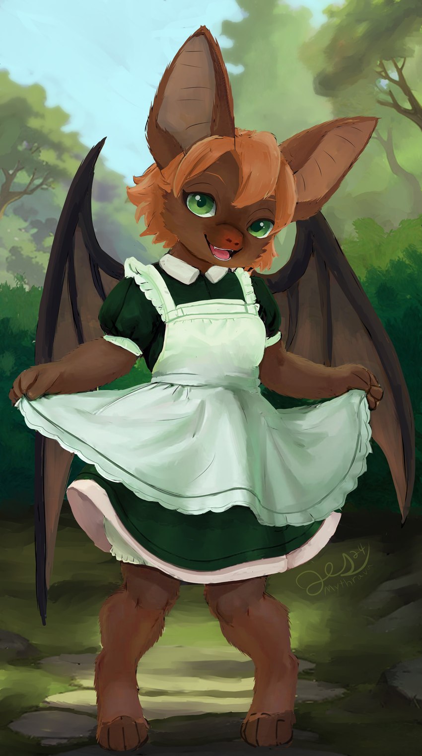 4_toes anthro bangs barefoot blue_sky brown_body brown_eyebrows brown_fur brown_hair brown_inner_ear brown_wings clothed clothed_anthro clothed_female clothing curtsey day digitigrade dress eyebrows eyelashes fangs feet female forest fur grass green_clothing green_dress green_eyes hair light looking_at_viewer maid_uniform medium_hair membrane_(anatomy) membranous_wings open_mouth open_smile outside paws pink_tongue plant rock shrub sky smile smiling_at_viewer solo standing teeth toes tongue tree uniform wings mythrava bat mammal 2024 absurd_res artist_name colored dated digital_media_(artwork) digital_painting_(artwork) hi_res lighting shaded signature