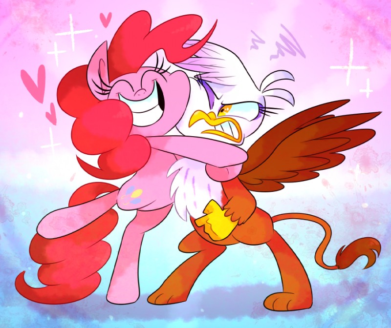 balloon beak cutie_mark duo eyes_closed feathered_wings feathers female feral hair heart_symbol hug inflatable on_one_leg pink_hair smile standing wince wings yellow_eyes vdru7 friendship_is_magic hasbro my_little_pony mythology gilda_(mlp) pinkie_pie_(mlp) avian earth_pony equid equine gryphon horse mammal mythological_avian mythological_creature pony digital_media_(artwork)