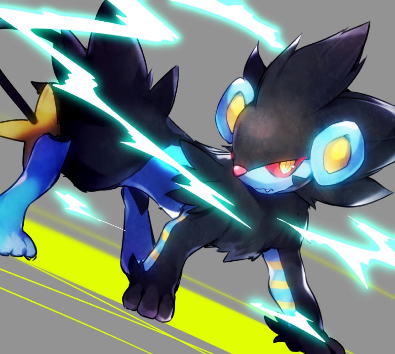 abstract_background ambiguous_gender electricity feral looking_at_viewer simple_background solo teeth yellow_eyes xx56su_x nintendo pokemon felid generation_4_pokemon luxray mammal pokemon_(species) 2015