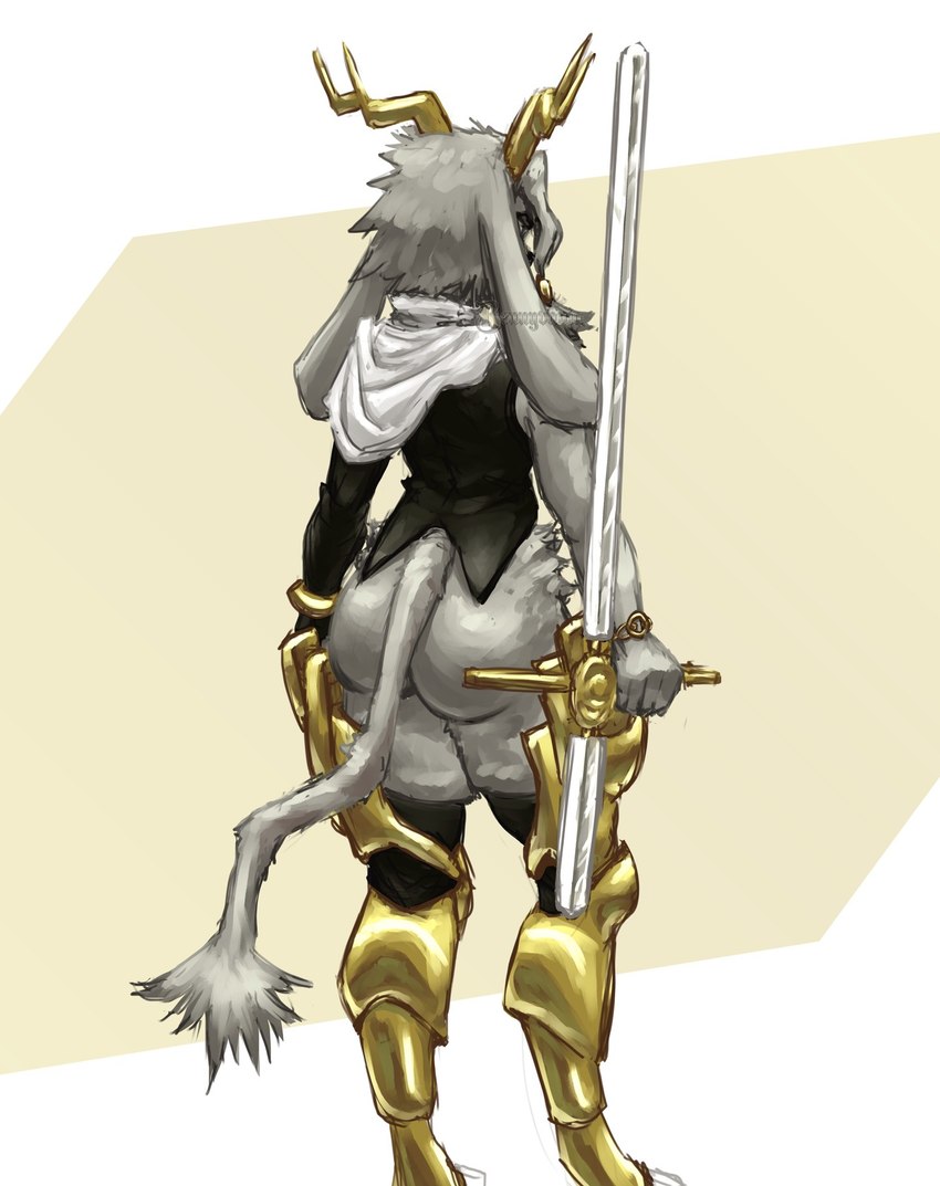 anthro antlers armor bottomless bottomless_female butt clothed clothing dream_breaker_(pseudoregalia) female fur greaves grey_body grey_fur horn legwear long_ears long_tail rear_view solo tail thigh_highs thigh_pinch weapon bennyvania pseudoregalia sybil_(pseudoregalia) ambiguous_species bovid caprine felid feline goat jackalope lagomorph leporid mammal rabbit hi_res