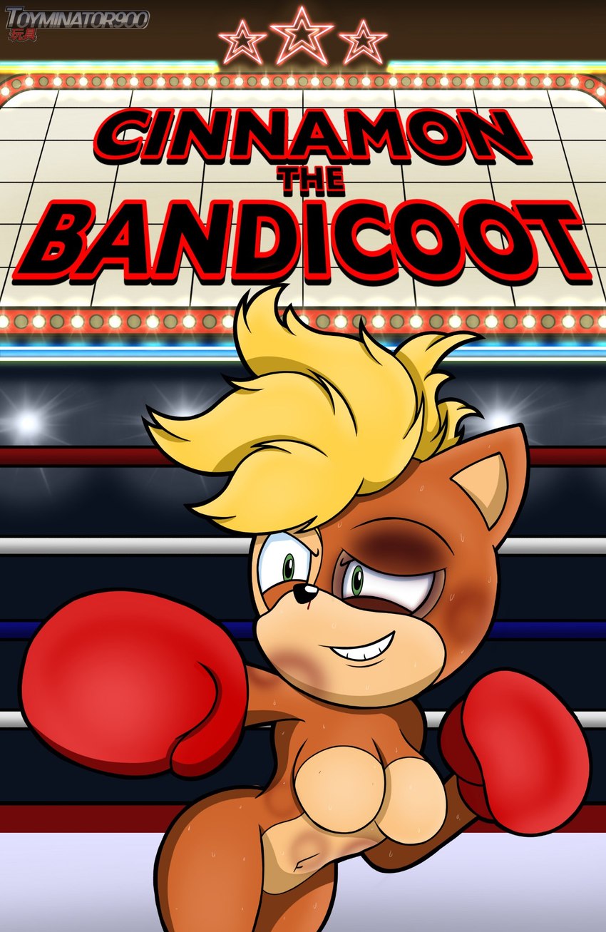 anthro big_butt blonde_hair boxing_gloves brown_body bruised bruised_eye bruised_face butt casual_nudity clothing curvy_figure female fighting_pose fighting_ring hair handwear hourglass_figure mohawk nude nude_female pose sign smile smirk solo title_card toyminator900 cinnamon_the_bandicoot fan_character bandicoot mammal marsupial hi_res