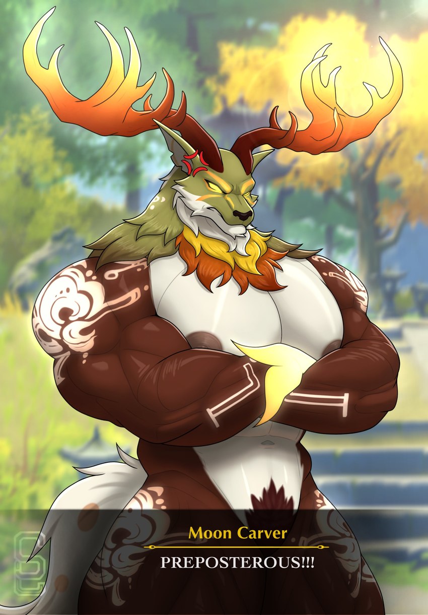 abs angry anthro anthrofied barazoku belly biceps big_biceps big_chest big_horn big_muscles big_nipples biped black_nose blurred_background brown_arms brown_horn brown_nipples brown_pubes countershade_face countershading cross-popping_vein crossed_arms daddyfication dialogue dialogue_box empty_eyes exclamation_point fur gameplay_mechanics gradient_horn green_body green_ears green_face green_fur gui horn judgement judgemental_look judging leaf looking_at_viewer male manly multicolored_body multicolored_face multicolored_fur muscular muscular_anthro muscular_arms muscular_male nature nature_background navel nipples orange_body orange_face orange_fur orange_horn outside pecs plant pubes pubes_exposed solo stairs standing tail talking_to_viewer tan_tail text tree trunk tuft two_tone_arms two_tone_tail white_arms white_belly white_body white_chest white_countershading white_face white_tail yellow_body yellow_fur yellow_horn yellow_sclera solard0gg0 genshin_impact mihoyo moon_carver adeptus_(genshin_impact) deer mammal 2024 absurd_res digital_media_(artwork) english_text hi_res signature