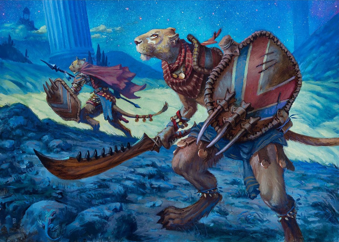 ambiguous_gender anthro armor brown_body brown_fur cape clothing column digitigrade duo fur grass holding_melee_weapon holding_object holding_polearm holding_spear holding_sword holding_weapon looking_up melee_weapon night outside plant polearm red_cape red_clothing scarf spear standing star sword tail weapon aaron_miller hasbro magic:_the_gathering wizards_of_the_coast felid mammal official_art traditional_media_(artwork)