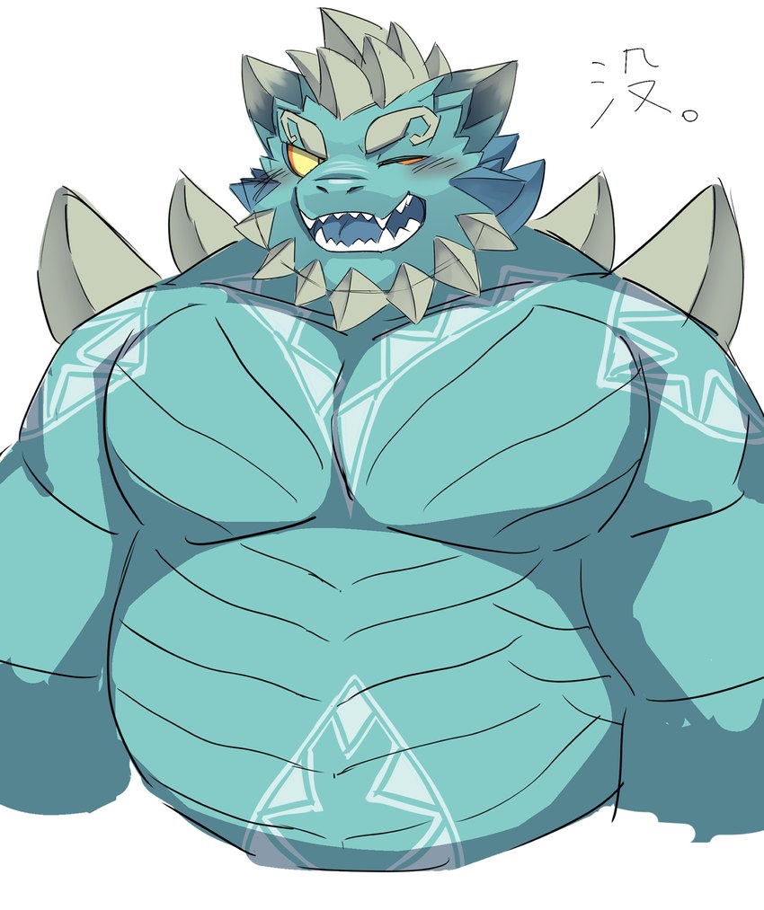 anthro belly blush eyebrows fangs green_body horn male musclegut muscular one_eye_closed open_mouth pecs shirtless smile solo teeth thick_eyebrows wink yellow_sclera ptcmtr lifewonders mythology tokyo_afterschool_summoners cipactli_(tas) dragon mythological_creature mythological_scalie scalie hi_res