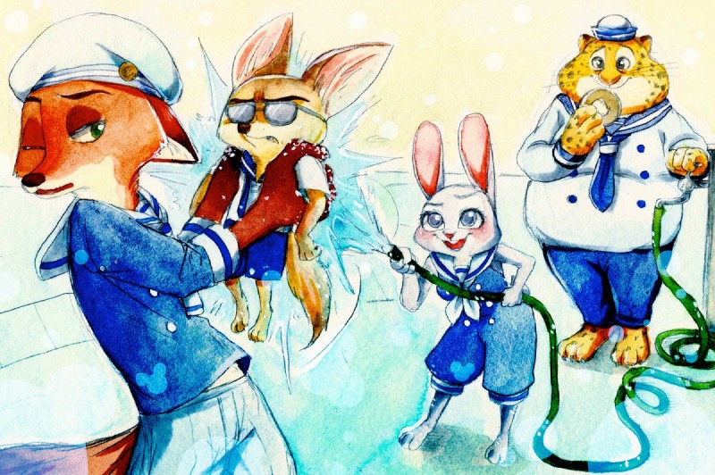 benjamin clawhauser, finnick, judy hopps, and nick wilde (zootopia and etc) created by shironaga67