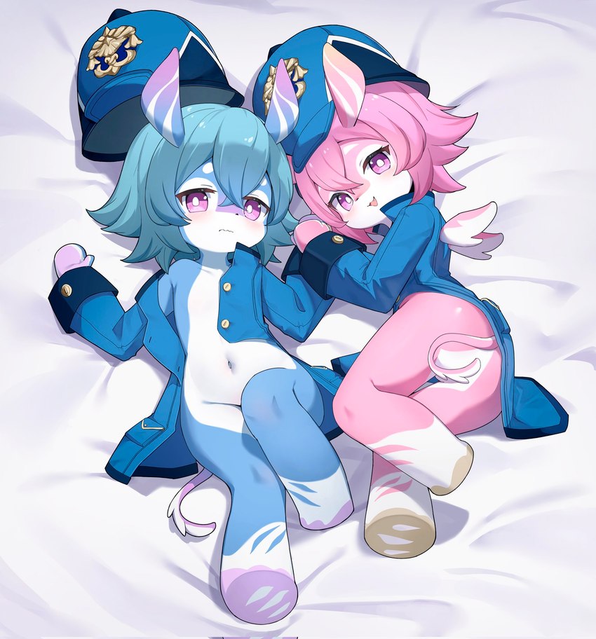 antennae_(anatomy) anthro bangs bedding bedding_background black_nose blue_antennae blue_body blue_clothing blue_coat blue_hat blue_headwear blue_skin blue_topwear blush bottomless butt button_(fastener) clothed clothing coat convenient_censorship countershade_face countershade_tail countershade_torso countershading cute_fangs duo eyelashes fangs featureless_chest featureless_feet feet female frown green_hair hair happy hat headgear headwear high-angle_view iris light loli looking_at_viewer lying military_cap mitten_hands monotone_hair multicolored_antennae multicolored_body multicolored_skin navel on_back on_side open_clothing open_coat open_mouth open_smile open_topwear pink_antennae pink_hair pink_tail pink_tongue pink_wings pupils purple_antennae purple_body purple_eyes purple_skin purple_tail short_tail shy simple_background smile smiling_at_viewer tail tail_censorship tan_antennae teeth tongue topwear two_tone_tail two_tone_wings white_antennae white_bedding white_body white_countershading white_pupils white_skin white_tail white_wings wings young young_anthro flong genshin_impact mihoyo blathine_(genshin_impact) menthe_(genshin_impact) melusine_(genshin_impact) mollusk 2023 digital_media_(artwork) full-length_portrait hi_res lighting portrait shaded adult_(lore)