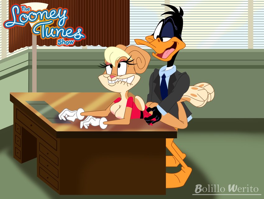 blue_clothing blue_shirt blue_topwear breasts clothing duo female gloves handwear male male/female necktie nipples sex shirt topwear white_clothing white_gloves white_handwear bolillo_werito looney_tunes the_looney_tunes_show warner_brothers daffy_duck lola_bunny anatid anseriform avian bird duck lagomorph leporid mammal rabbit absurd_res hi_res