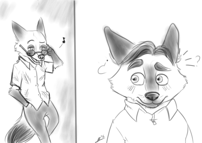 anthro biped blush bodily_fluids bottomwear clothing duo eyewear male pants question_mark shirt sunglasses sweat topwear gerardson disney zootopia gideon_grey nick_wilde canid canine fox mammal red_fox true_fox 2016 monochrome