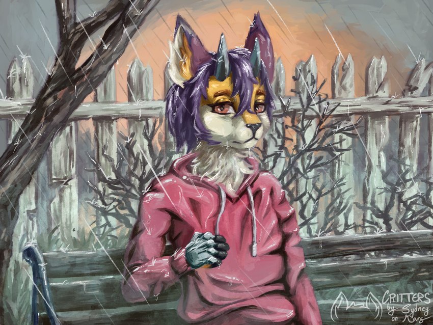 ambiguous_gender anthro bench clothing fur grey_background hair hoodie horn moody orange_eyes painterly plant purple_hair raining red_clothing red_hoodie red_topwear reflection simple_background solo topwear tree wet wet_body wet_clothing wet_fur white_body white_fur yellow_body yellow_fur critters_collective sydney_onmars mythology dragon felid feline hybrid mammal mythological_creature mythological_scalie scalie 4:3 digital_media_(artwork) digital_painting_(artwork) hi_res