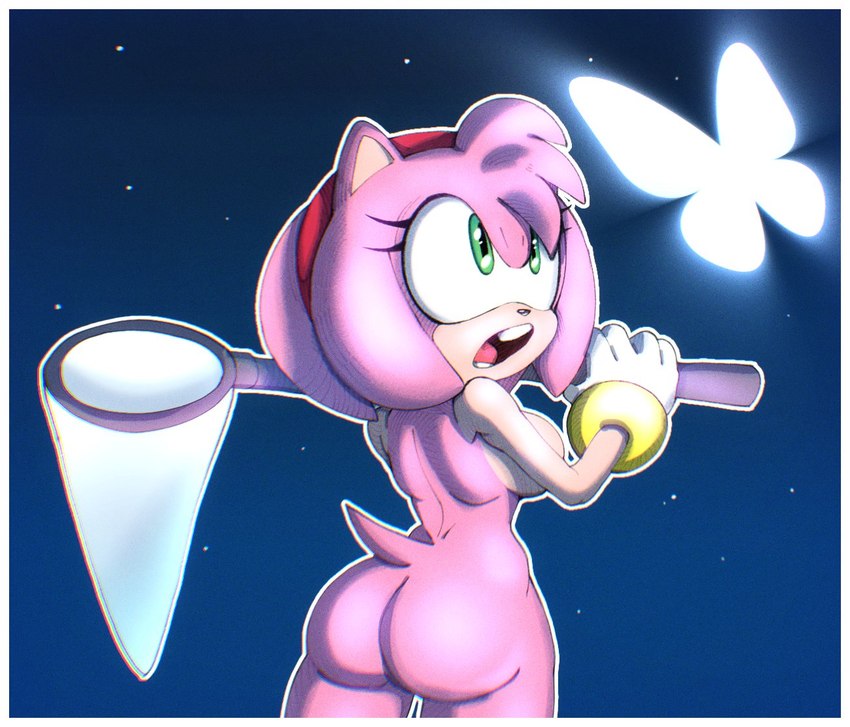 accessory anthro big_breasts bracelet breasts bubble_butt butt butterfly_net clothing female gloves green_eyes hair_accessory hairband handwear jewelry net night nude nude_female pink_body shocked solo tail colono sega sonic_the_hedgehog_(series) amy_rose arthropod butterfly eulipotyphlan hedgehog insect lepidopteran mammal