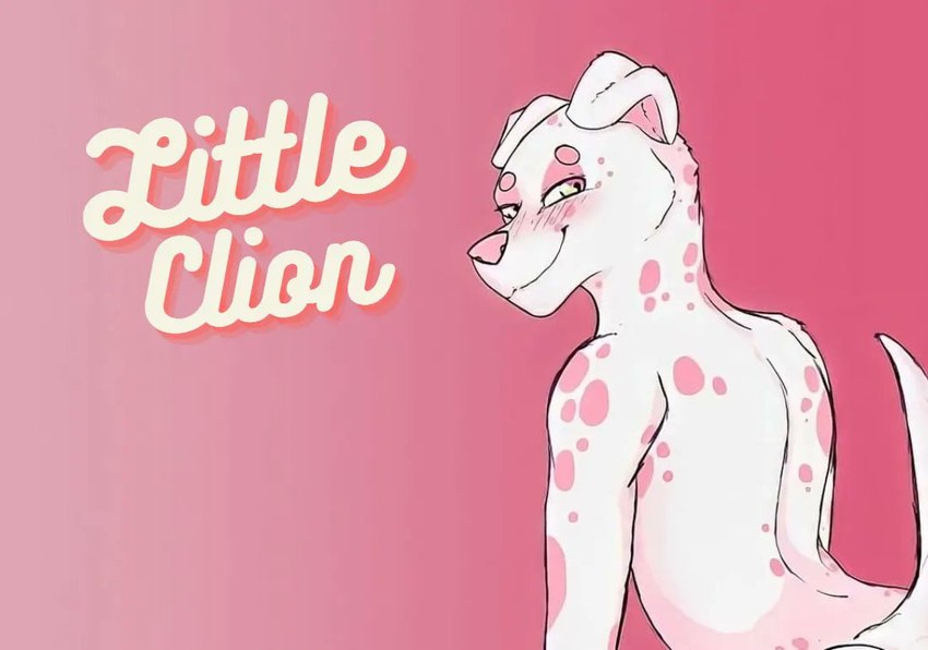 anthro blush femboy fur gradient_background looking_at_viewer male markings nude pink_markings pink_nose simple_background solo text white_body white_fur clion canid canine canis dalmatian domestic_dog mammal digital_media_(artwork)