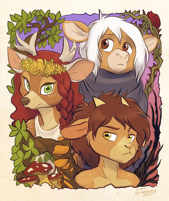 anthro antlers art_nouveau braided_hair brown_body brown_eyes brown_fur brown_hair clothed clothing female flower fungus fur garland green_eyes group hair horn leaf male mushroom plant rose_(flower) tan_body tan_fur thorn_(plant) tree white_hair yellow_eyes conditional_dnp jonas taunus willow_(jonas) bovid caprine deer goat mammal 2019 hi_res