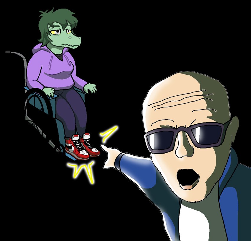 5_fingers anthro bald clothing disability duo eyewear female fingers footwear gesture green_body green_hair green_scales grey_eyes hair hand_gesture hoodie humor jacket light-skinned_male light_body light_skin male paraplegic pointing scales shoes short_hair simple_background sitting sneakers sunglasses topwear transparent_background vehicle wheelchair yellow_sclera sogflesh cavemanon_studios i_wani_hug_that_gator jordan_(brand) nike soyjak two_soyjaks_pointing inco_(iwhtg) olivia_halford baryonyx dinosaur human mammal prehistoric_species reptile scalie spinosaurid theropod 2024 alpha_channel digital_drawing_(artwork) digital_media_(artwork) hi_res meme