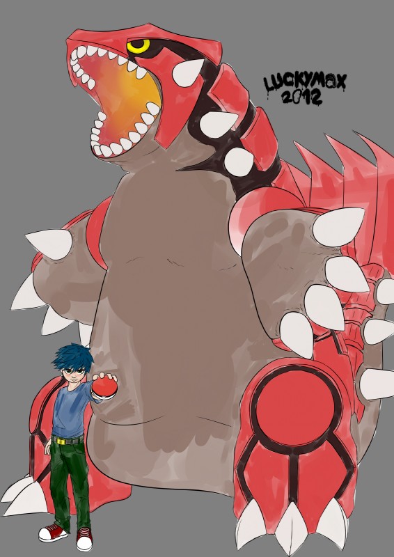 duo feral grey_background male simple_background size_difference young luckymax2012 nintendo pokemon generation_3_pokemon groudon human legendary_pokemon mammal pokemon_(species) absurd_res hi_res